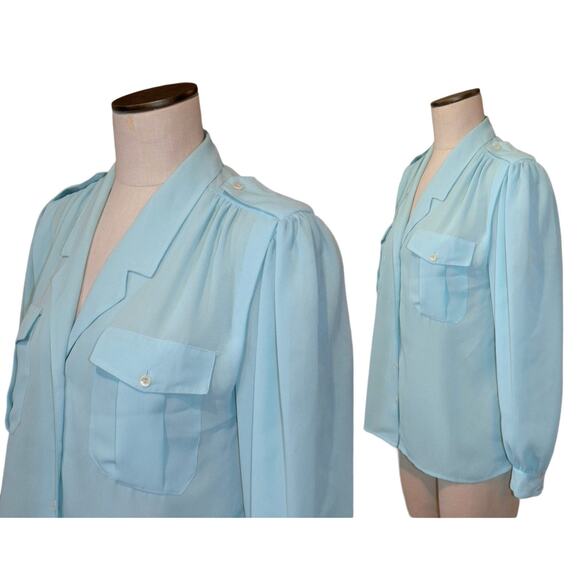 90s Y2K Semi Sheer Turquoise Blouse w Epaulettes CHAUS | S - Picture 3 of 8
